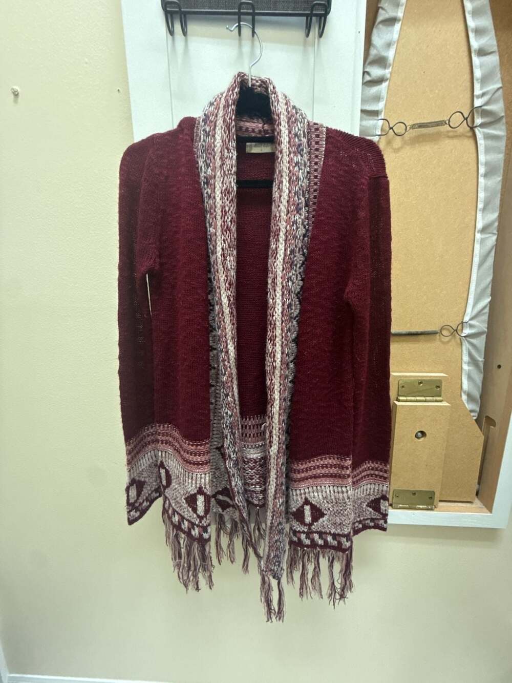 Altar'd State Women's Size S Maroon Southwestern Pattern Fringe Cardigan